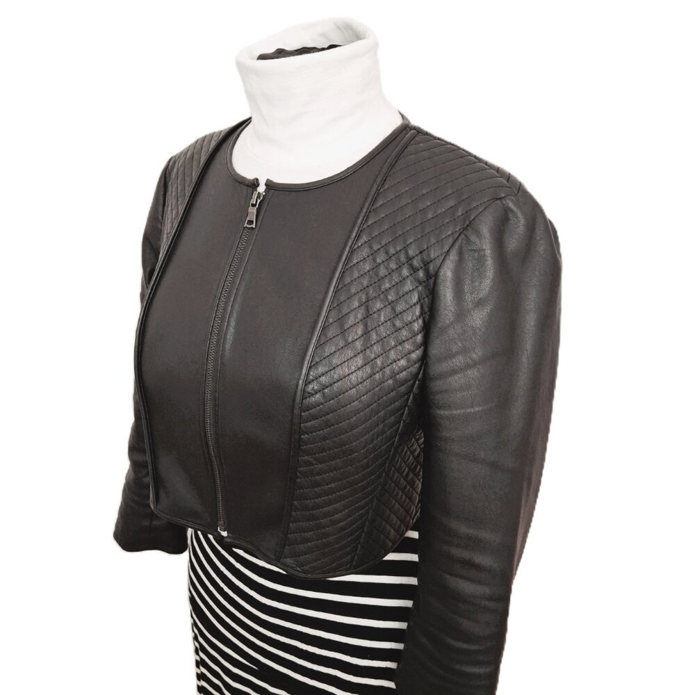 BCBGMAXAZRIA Vegan Leather Crop Jacket Sz Lg Black Lined Quilted Zip - Picture 6 of 15